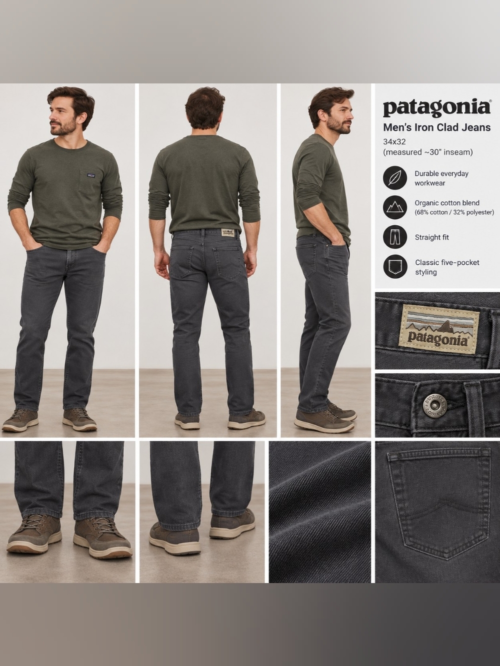 Patagonia Men’s Iron Clad Organic Cotton Jeans Pants 34x32 Grey Straight Fit